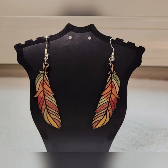 Colorful Wooden Feather Statement Dangle Earrings / Pierced - Picture 2 of 5